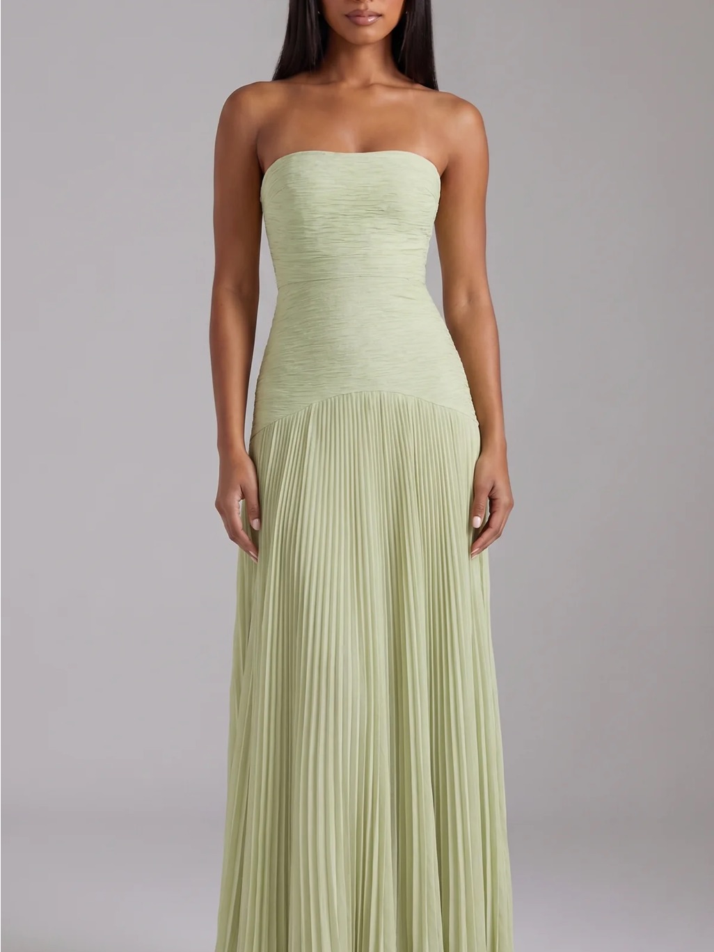 Strapless Pleated Long Dress In Sage Green